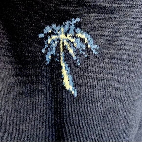 CHICOS Navy Blue Palm Tree Lightweight Crew Knit Pullover Spring Summer Sweater - Picture 3 of 5